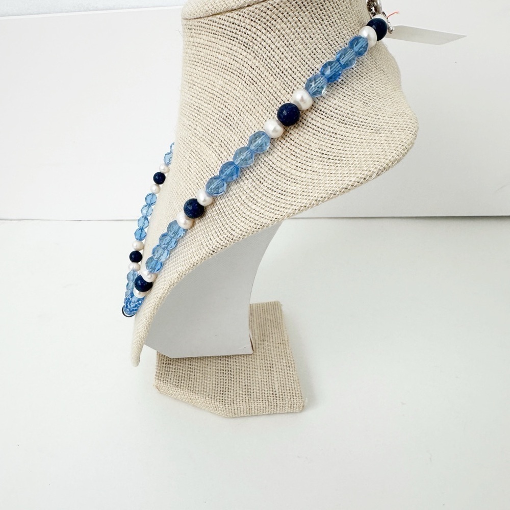 NWT Genuine Lapis, Pearls & Crystals Necklace Blue White Bead Beaded - Picture 4 of 4